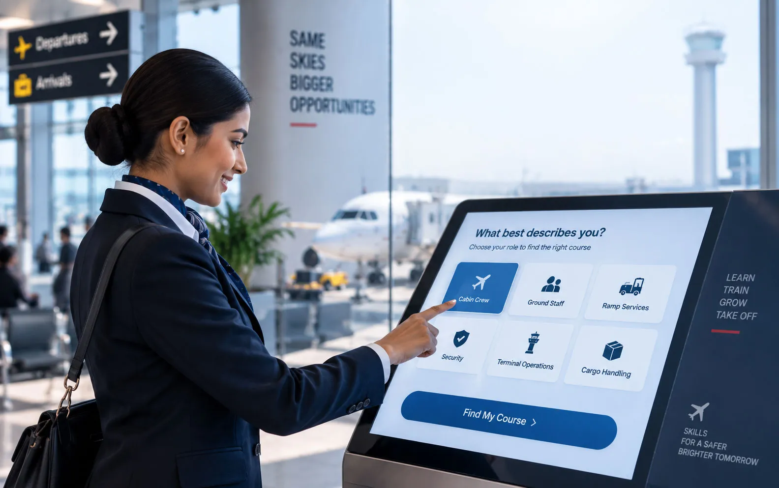 Cabin crew member choosing her role on a course finder kiosk at the airport